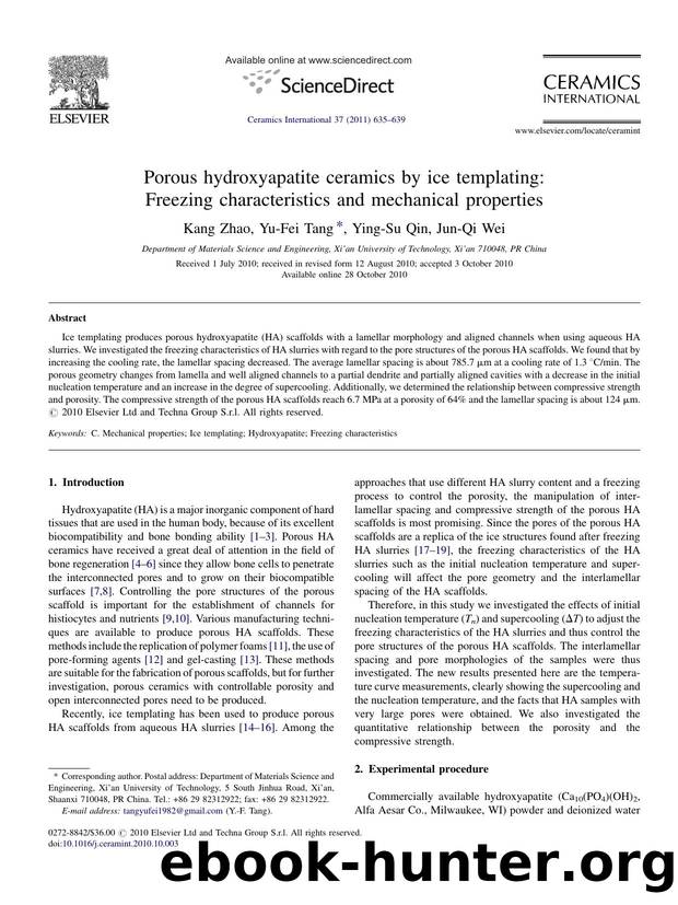 Porous hydroxyapatite ceramics by ice templating: Freezing characteristics and mechanical properties by Kang Zhao