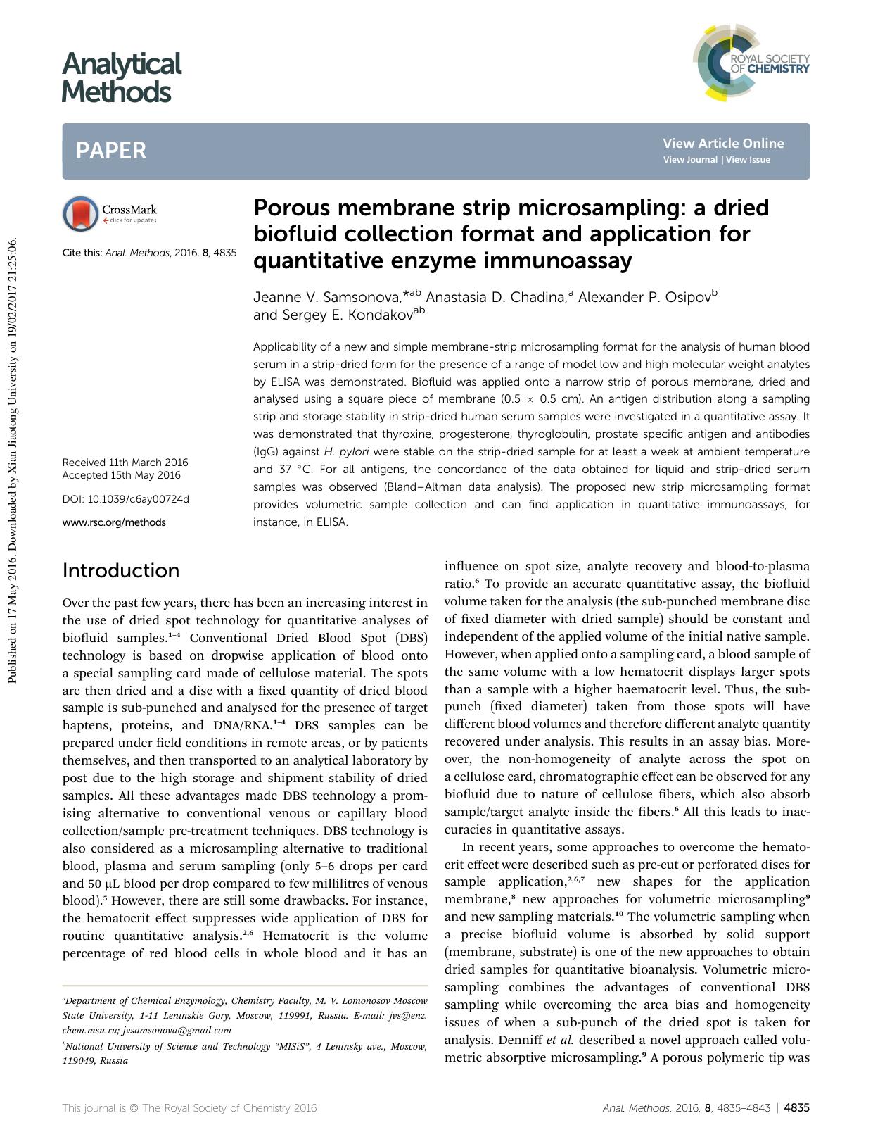 Porous membrane strip microsampling: a dried biofluid collection format and application for quantitative enzyme immunoassay by Jeanne V. Samsonova & Anastasia D. Chadina & Alexander P. Osipov & Sergey E. Kondakov