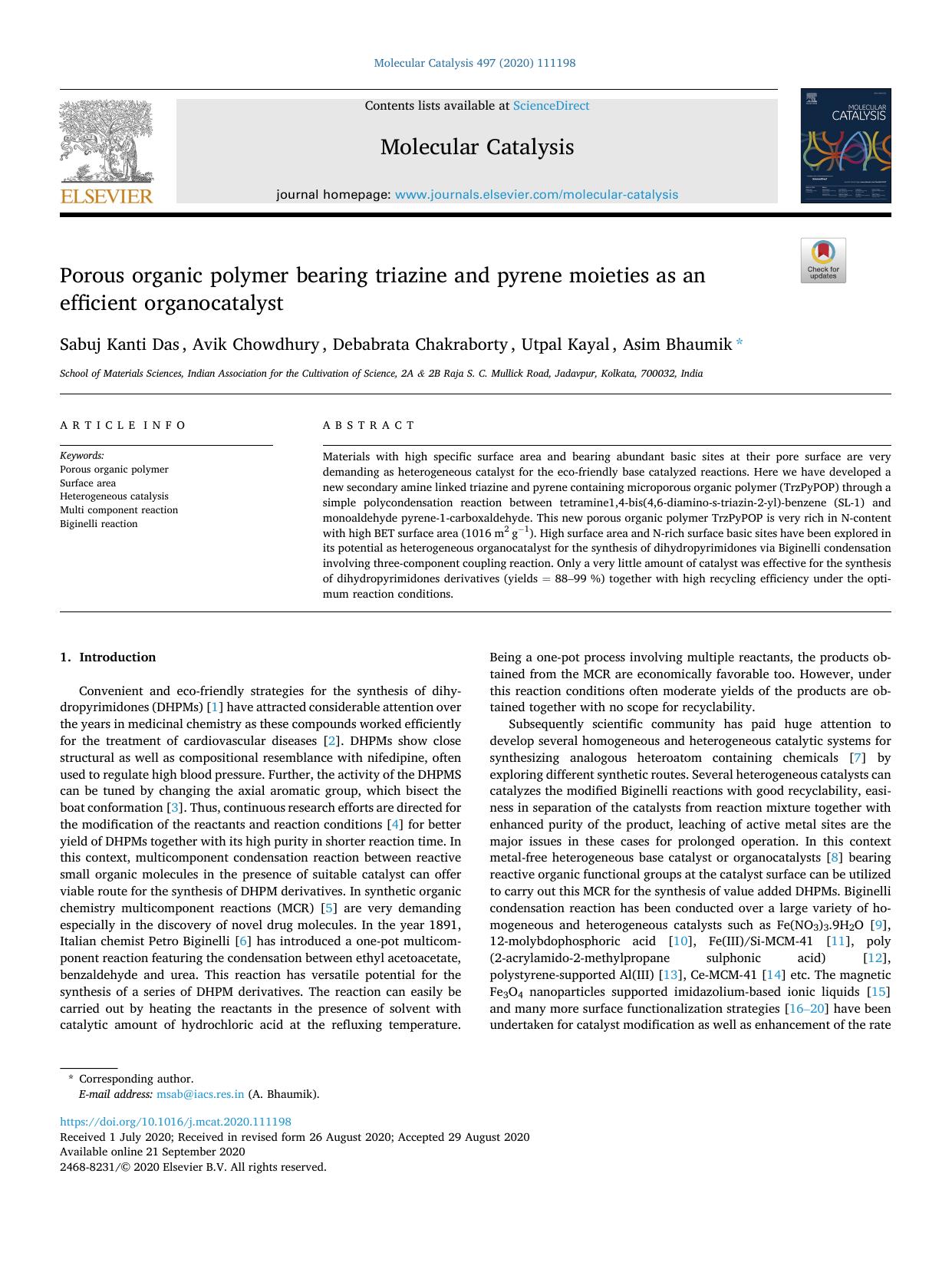 Porous organic polymer bearing triazine and pyrene moieties as an efficient organocatalyst by Sabuj Kanti Das & Avik Chowdhury & Debabrata Chakraborty & Utpal Kayal & Asim Bhaumik