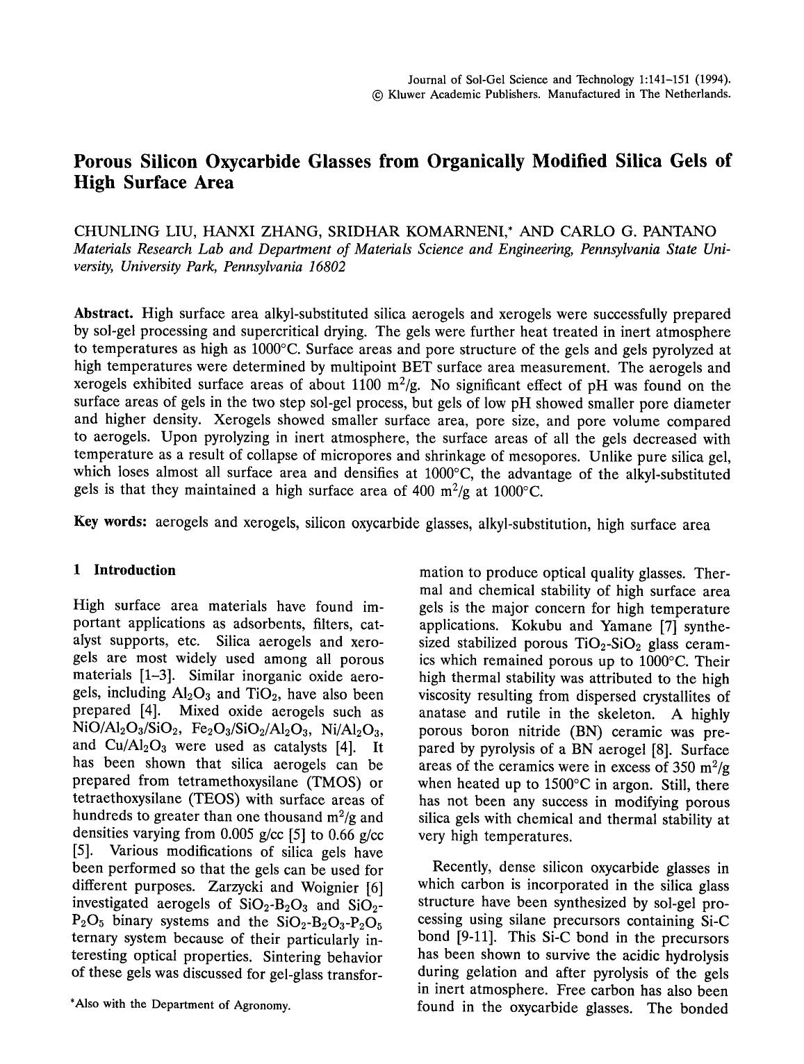 Porous silicon oxycarbide glasses from organically modified silica gels of high surface area by Unknown