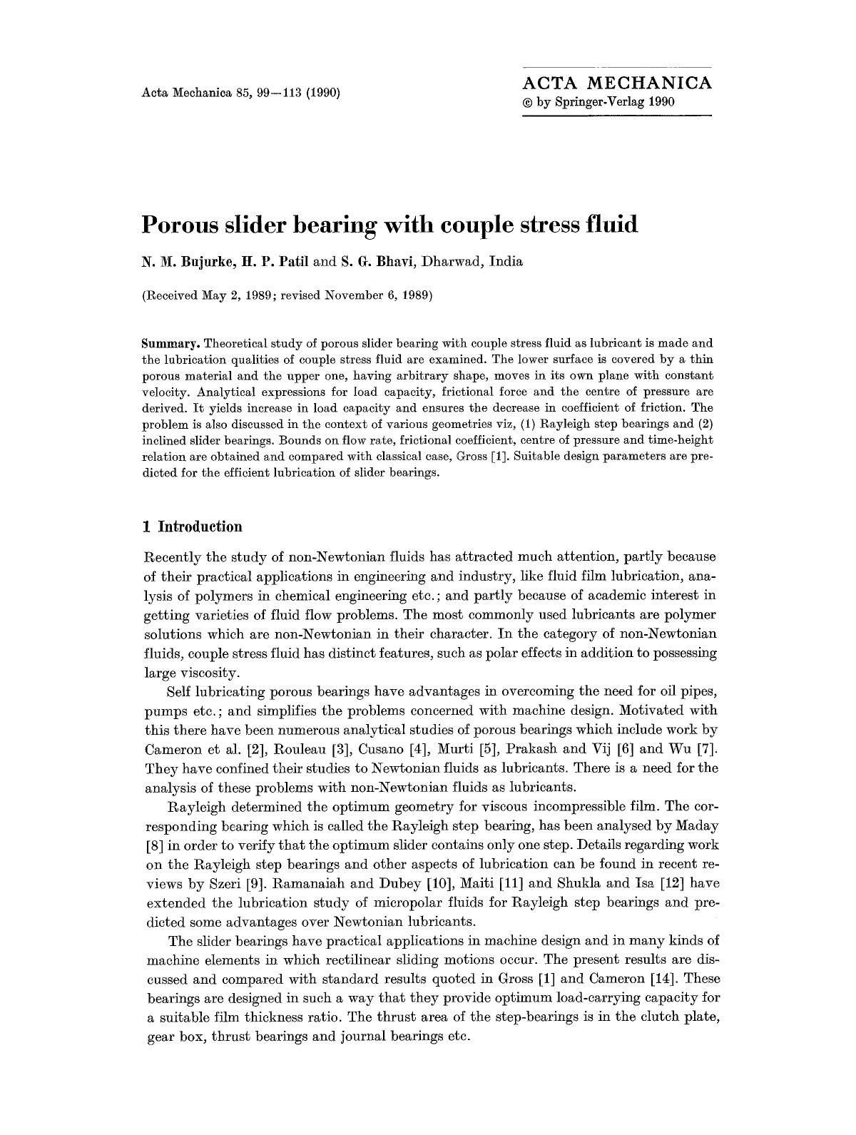 Porous slider bearing with couple stress fluid by Unknown
