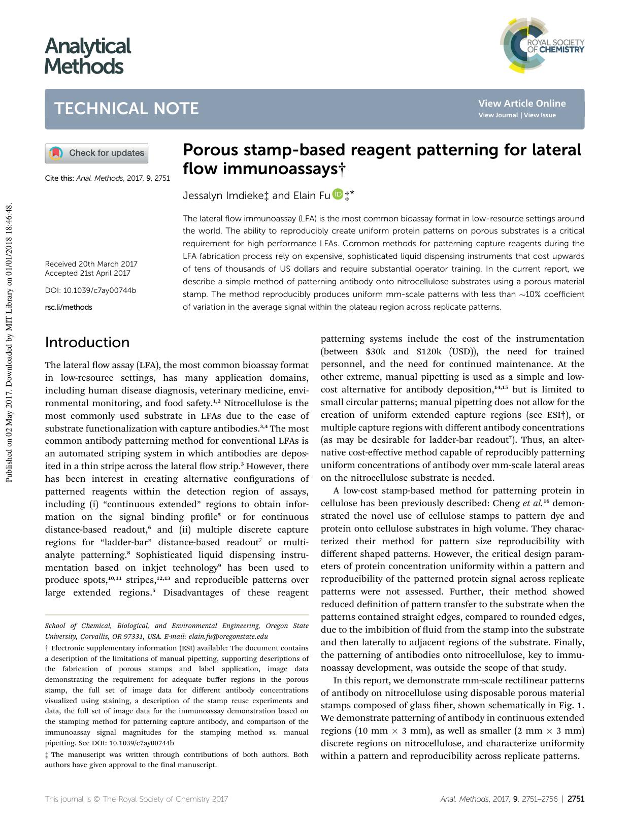 Porous stamp-based reagent patterning for lateral flow immunoassays by Jessalyn Imdieke & Elain Fu