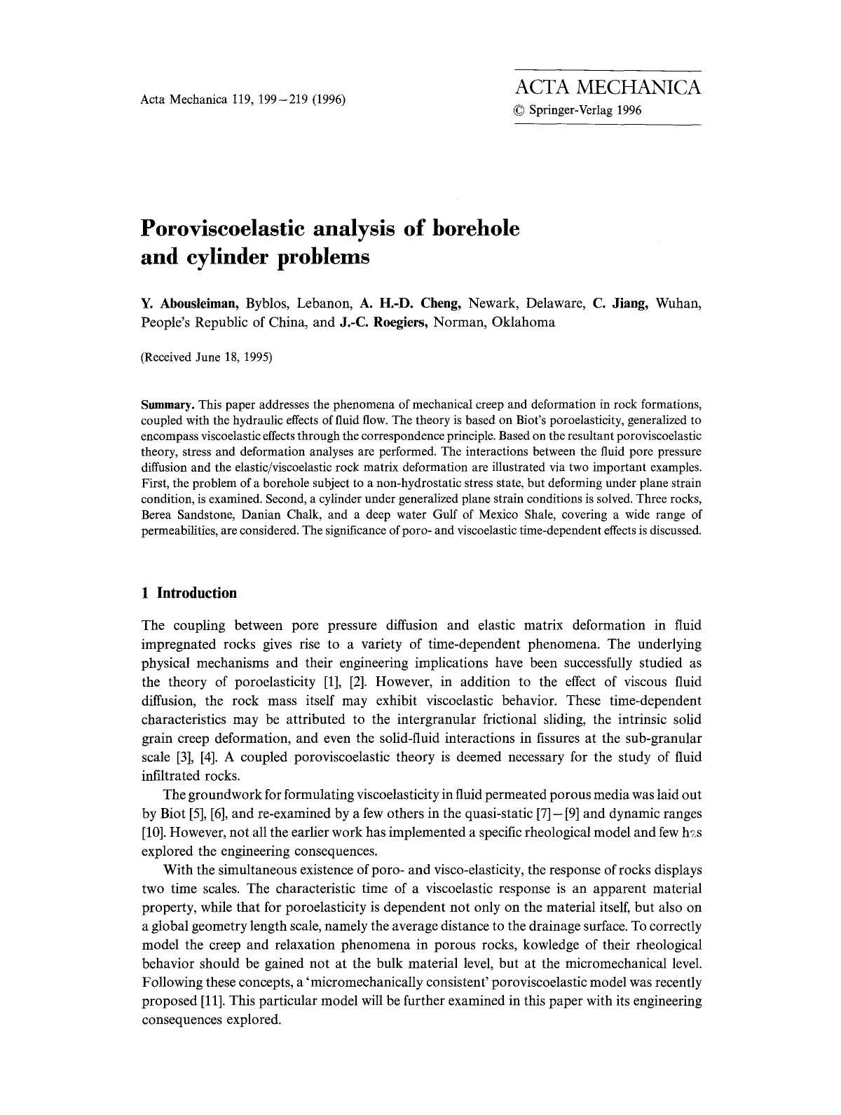 Poroviscoelastic analysis of borehole and cylinder problems by Unknown