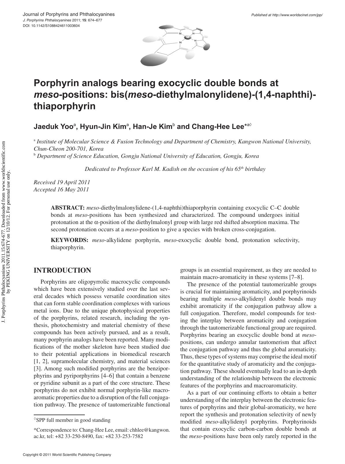 Porphyrin analogs bearing exocyclic double bonds at meso-positions: bis(meso-diethylmalonylidene)-(1,4-naphthi)thiaporphyrin by Jaeduk Yoo Hyun-Jin Kim Han-Je Kim & Chang-Hee Lee