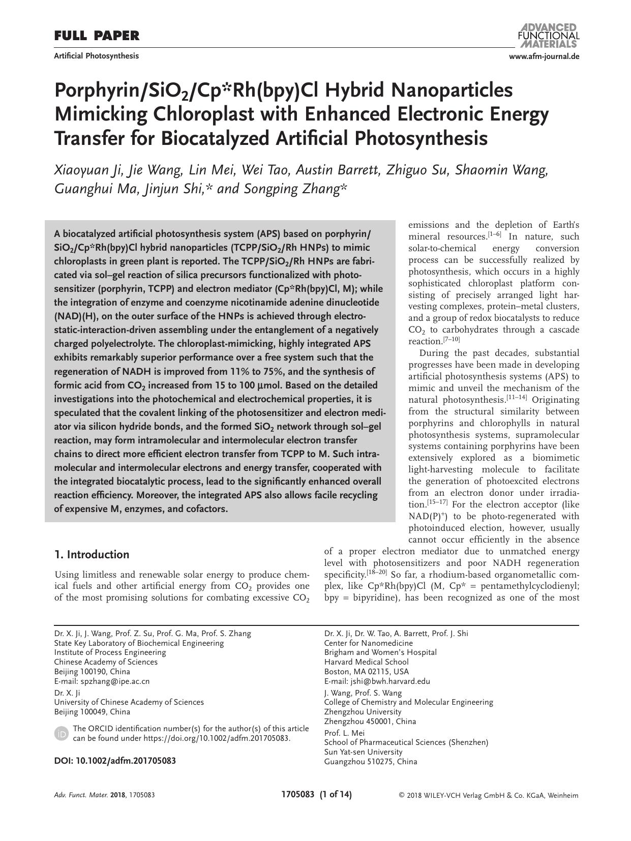 PorphyrinSiO2Cp*Rh(bpy)Cl Hybrid Nanoparticles Mimicking Chloroplast with Enhanced Electronic Energy Transfer for Biocatalyzed Artificial Photosynthesis by Unknown