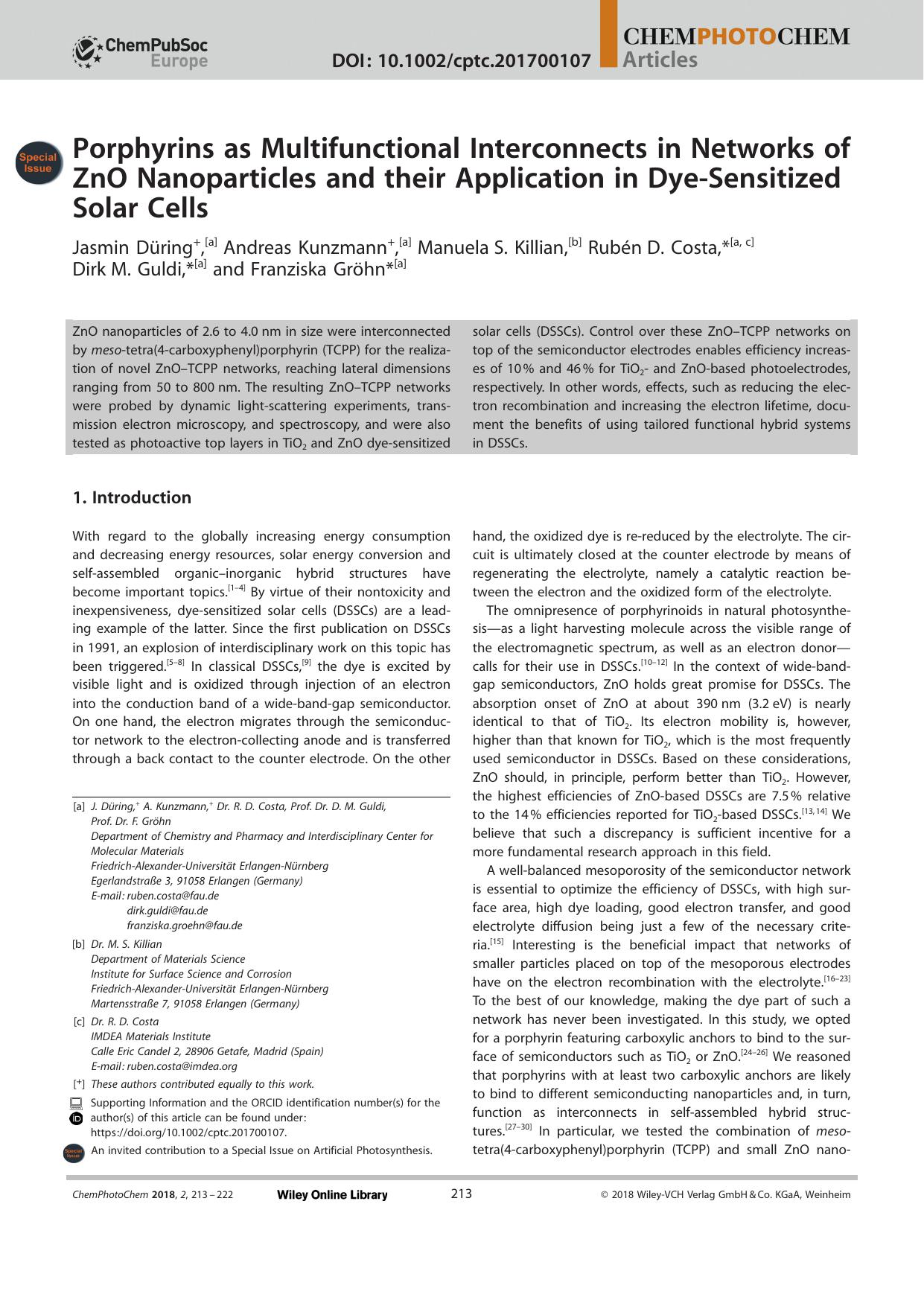 Porphyrins as Multifunctional Interconnects in Networks of ZnO Nanoparticles and their Application in DyeâSensitized Solar Cells by Unknown