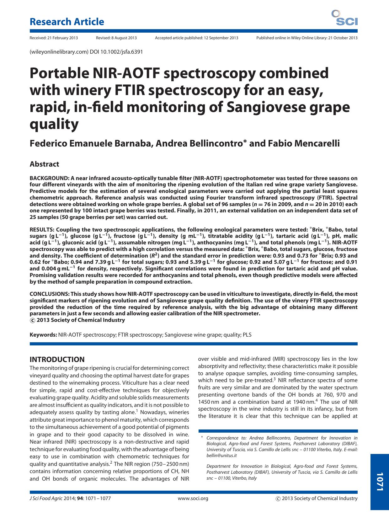 Portable NIRAOTF spectroscopy combined with winery FTIR spectroscopy for an easy, rapid, infield monitoring of Sangiovese grape quality by Unknown
