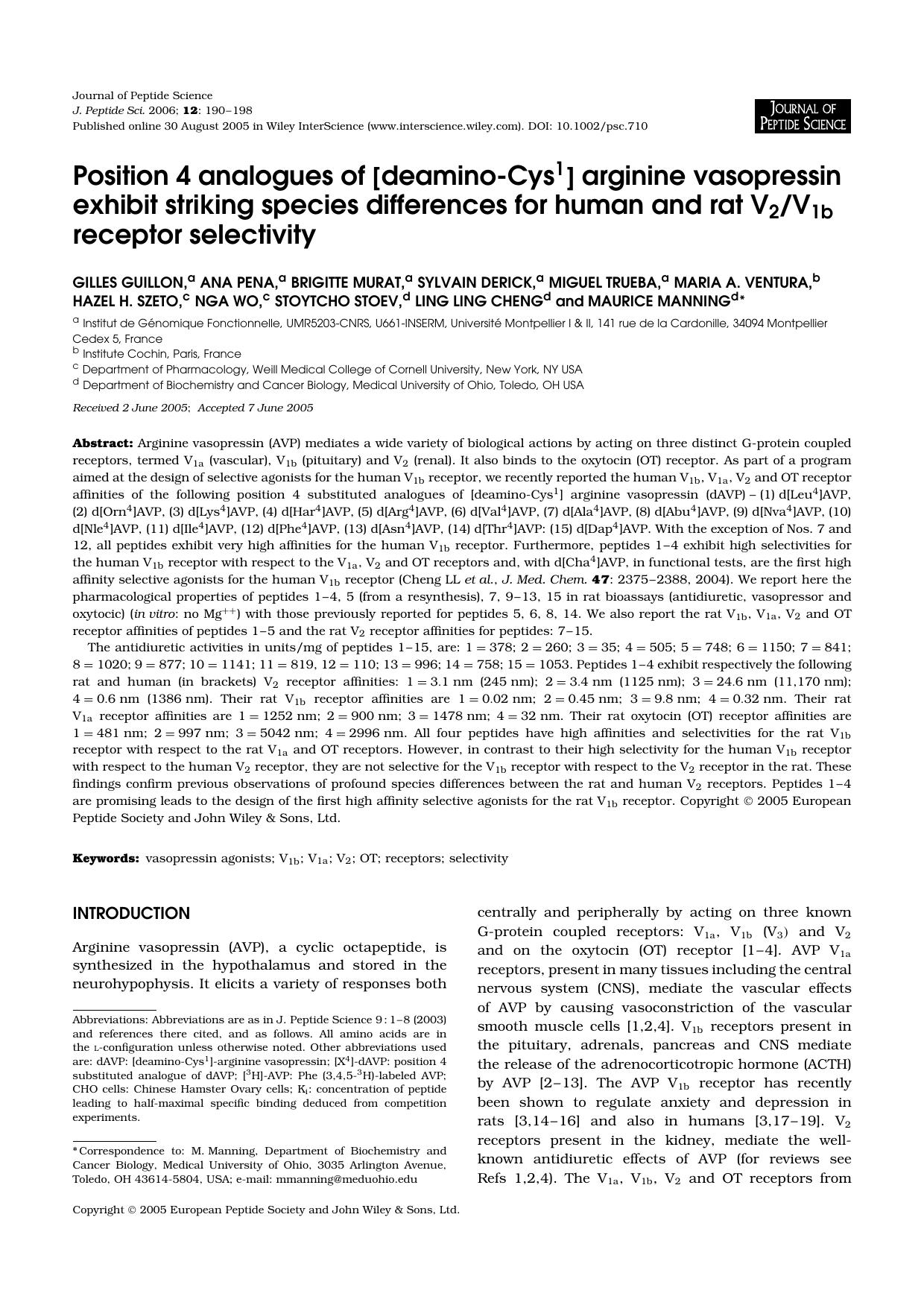 Position 4 analogues of [deamino-Cys1] arginine vasopressin exhibit striking species differences for human and rat V2V1b receptor selectivity by Unknown