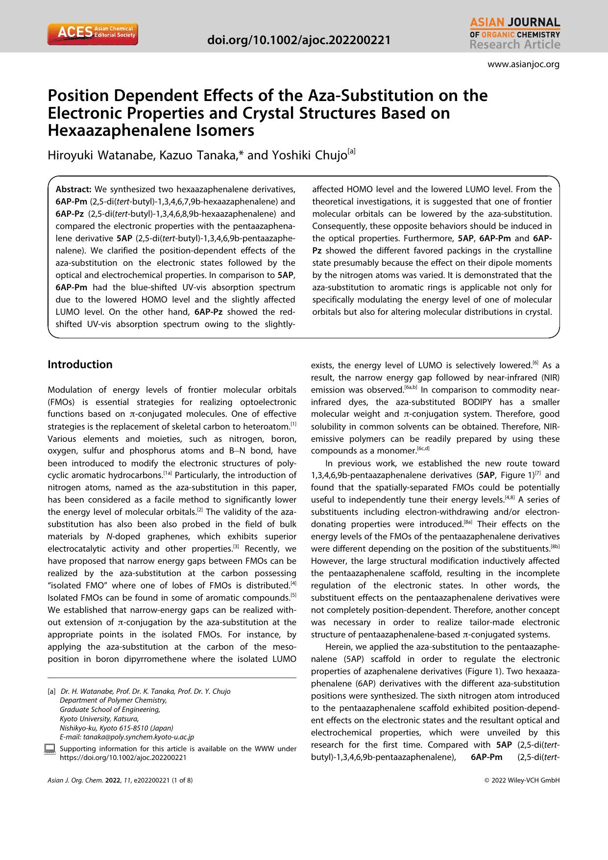 Position Dependent Effects of the AzaâSubstitution on the Electronic Properties and Crystal Structures Based on Hexaazaphenalene Isomers by Unknown