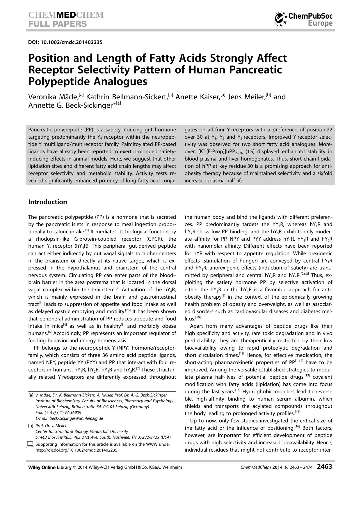 Position and Length of Fatty Acids Strongly Affect Receptor Selectivity Pattern of Human Pancreatic Polypeptide Analogues by Unknown