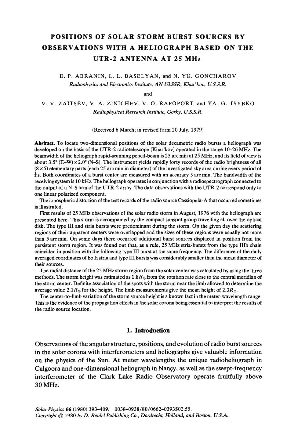 Positions of solar storm burst sources by observations with a heliograph based on the UTR-2 antenna at 25 MHz by Unknown