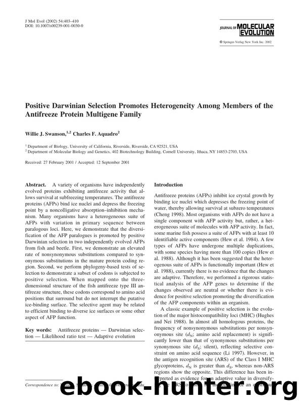 Positive Darwinian Selection Promotes Heterogeneity Among Members of the Antifreeze Protein Multigene Family by Swanson W. et al