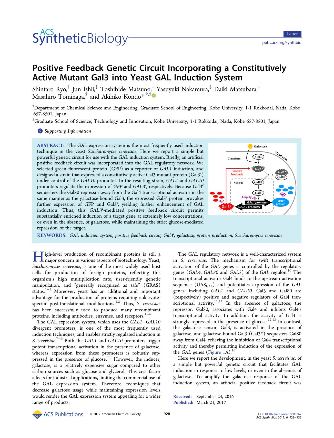 Positive Feedback Genetic Circuit Incorporating a Constitutively Active Mutant Gal3 into Yeast GAL Induction System by unknow
