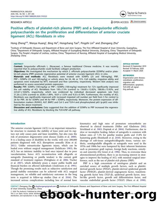 Positive effects of platelet-rich plasma (PRP) and a Sanguisorba officinalis polysaccharide on the proliferation and differentiation of anterior cruciate ligament (ACL) fibroblasts inÂ vitro by Zheng Hong & Huang Wenya & He Bing & Tan Hongchang & Lin Pingzhi & Zha Zhengang