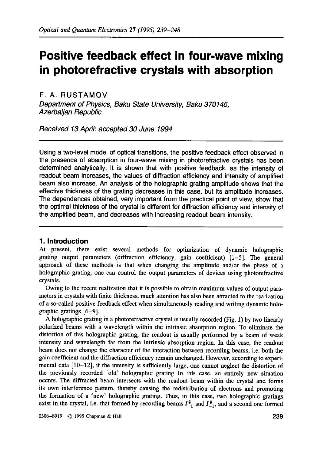 Positive feedback effect in four-wave mixing in photorefractive crystals with absorption by Unknown