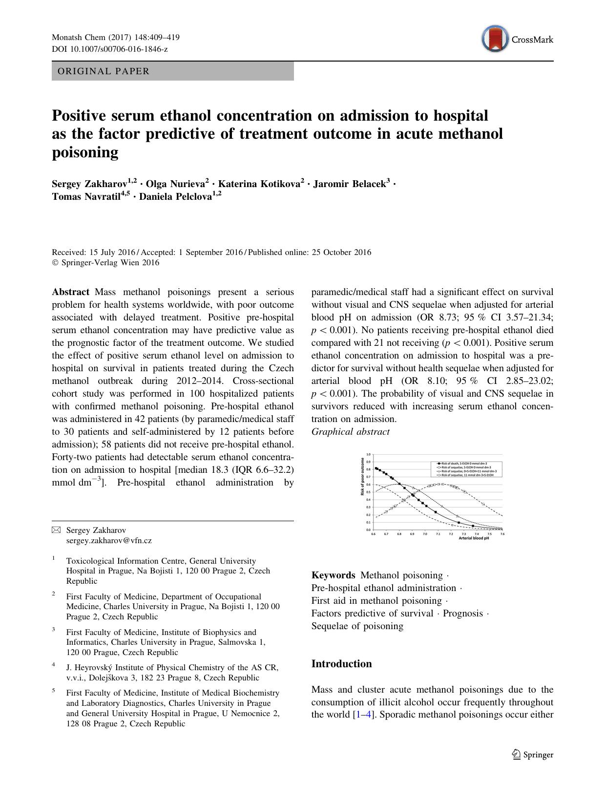 Positive serum ethanol concentration on admission to hospital as the factor predictive of treatment outcome in acute methanol poisoning by unknow