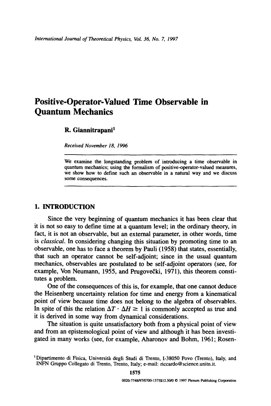 Positive-operator-valued time observable in quantum mechanics by Unknown