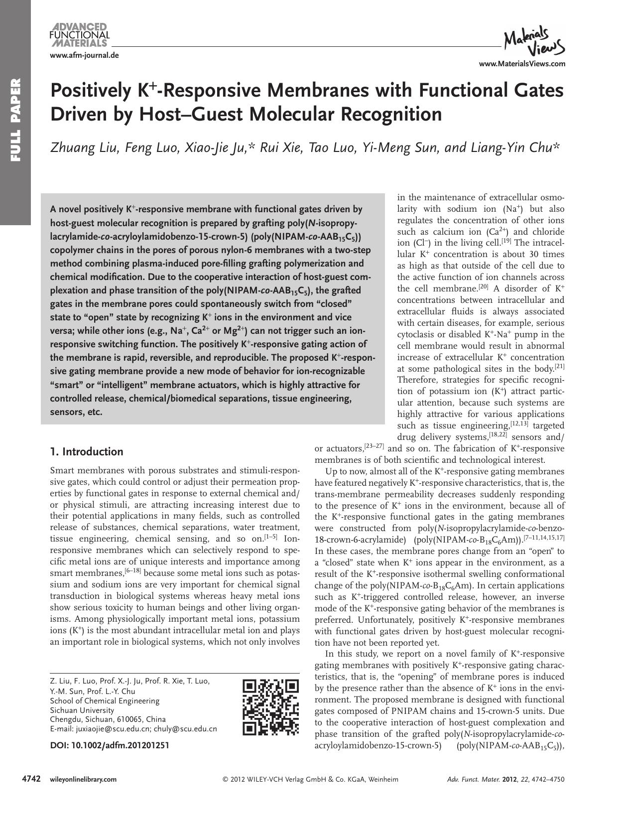 Positively K+Responsive Membranes with Functional Gates Driven by HostGuest Molecular Recognition by vng