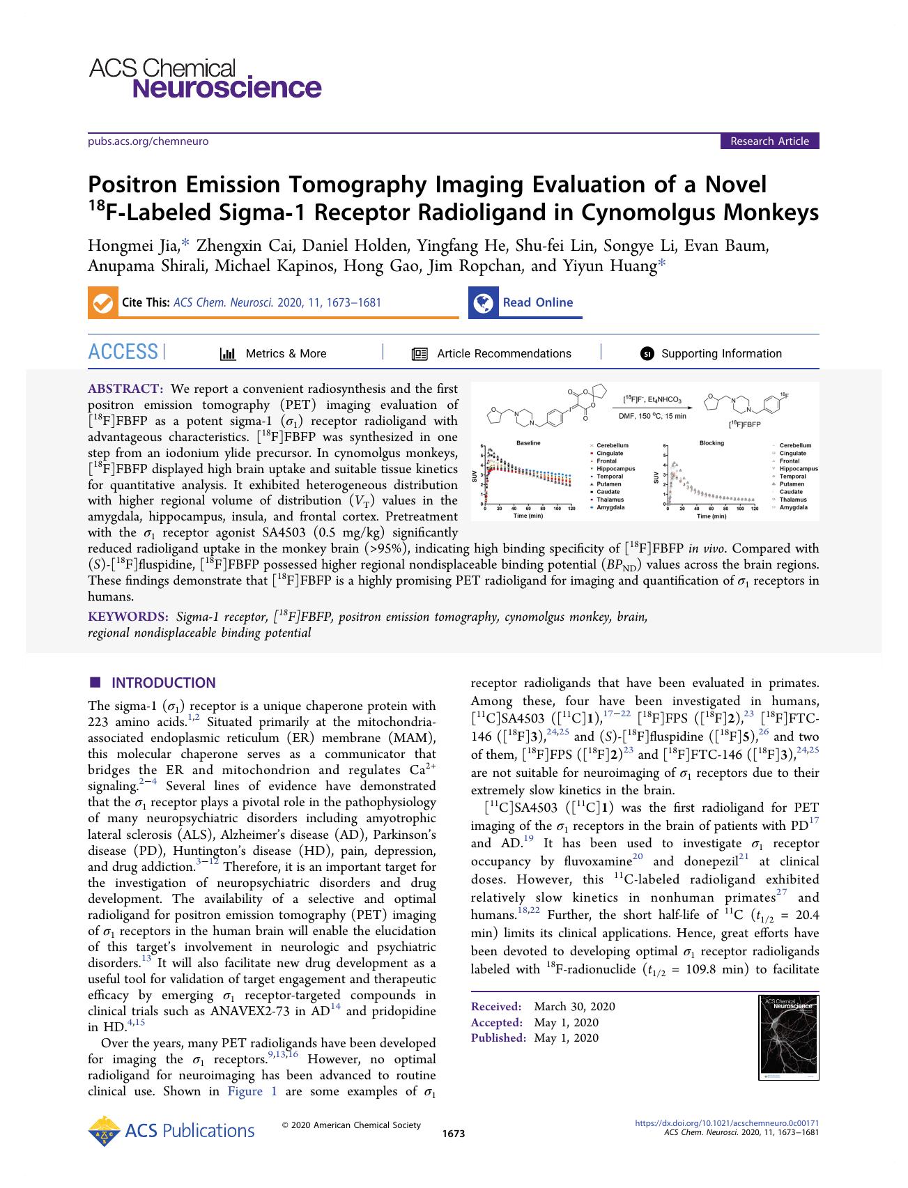 Positron Emission Tomography Imaging Evaluation of a Novel 18F-Labeled Sigma-1 Receptor Radioligand in Cynomolgus Monkeys by unknow