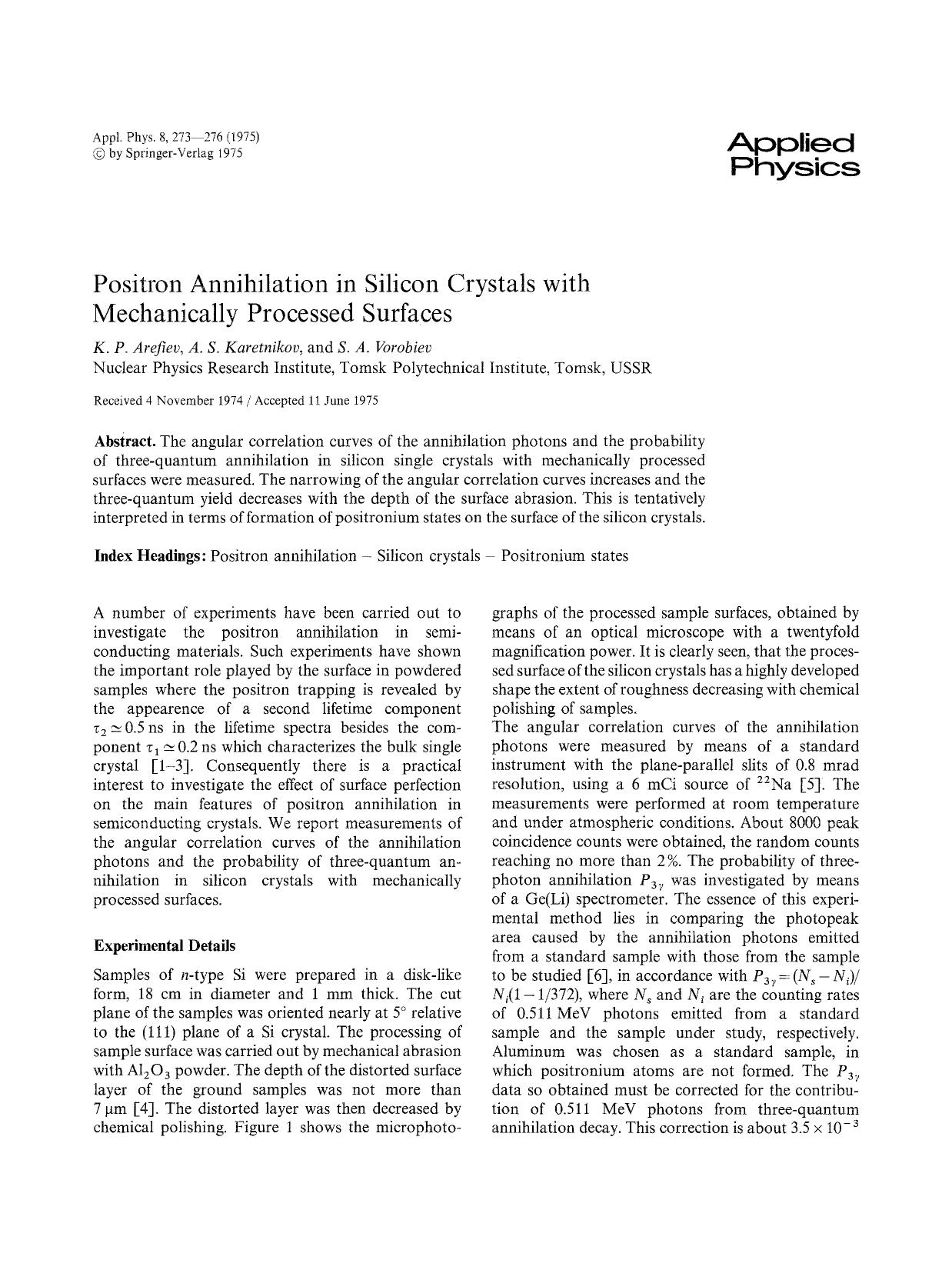 Positron annihilation in silicon crystals with mechanically processed surfaces by Unknown