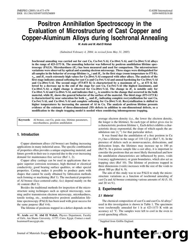 Positron annihilation spectroscopy in the evaluation of microstructure of cast copper and copper-aluminum alloys during isochronal annealing by Unknown