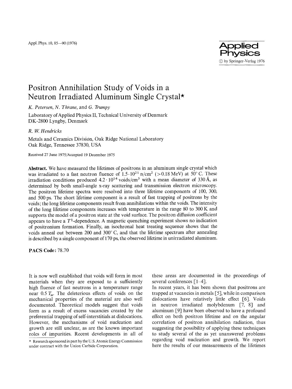 Positron annihilation study of voids in a neutron irradiated aluminum single crystal by Unknown