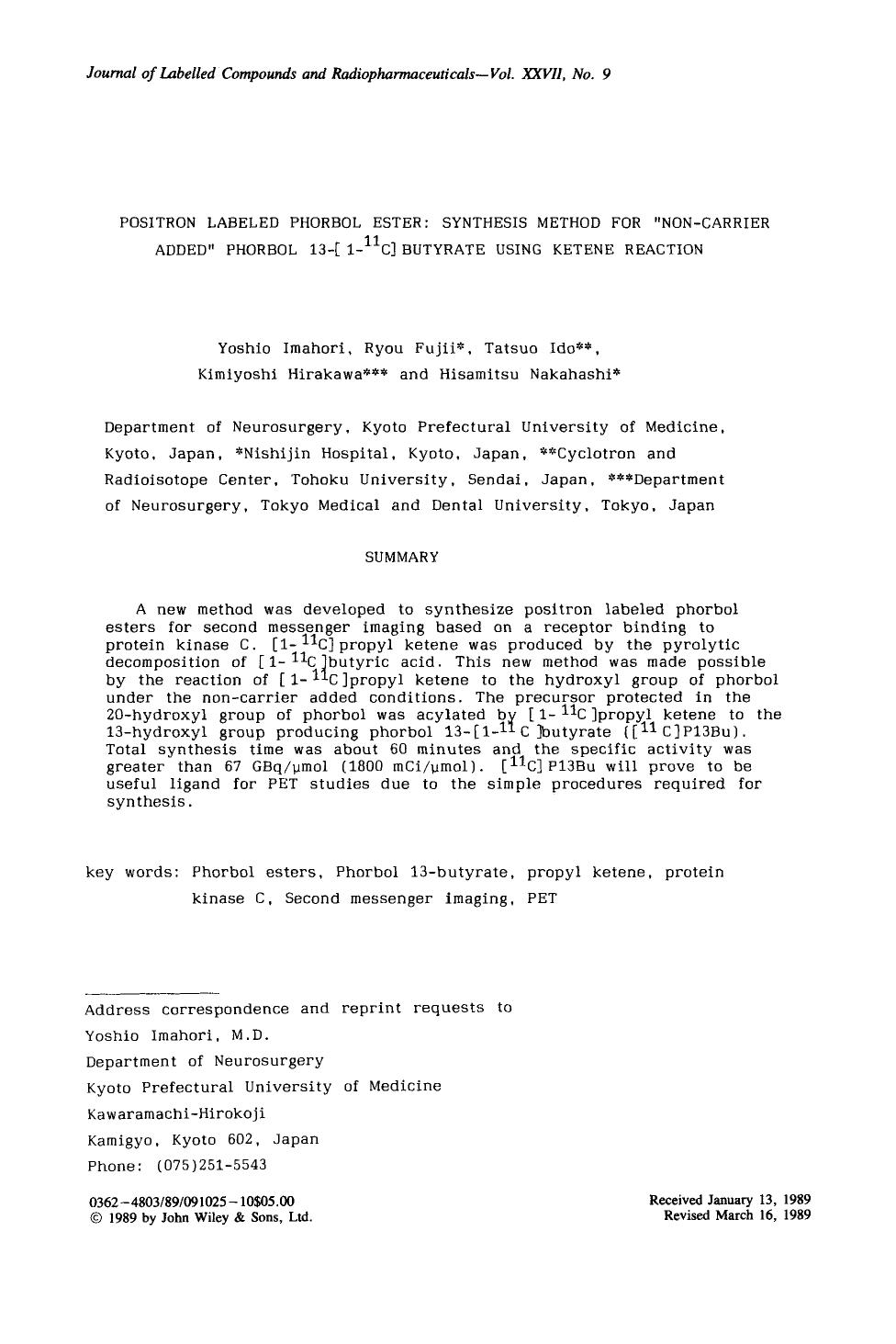 Positron labeled phorbol ester: Synthesis method for "non-carrier added" phorbol 13-[1-11C] butyrate using ketene reaction by Unknown