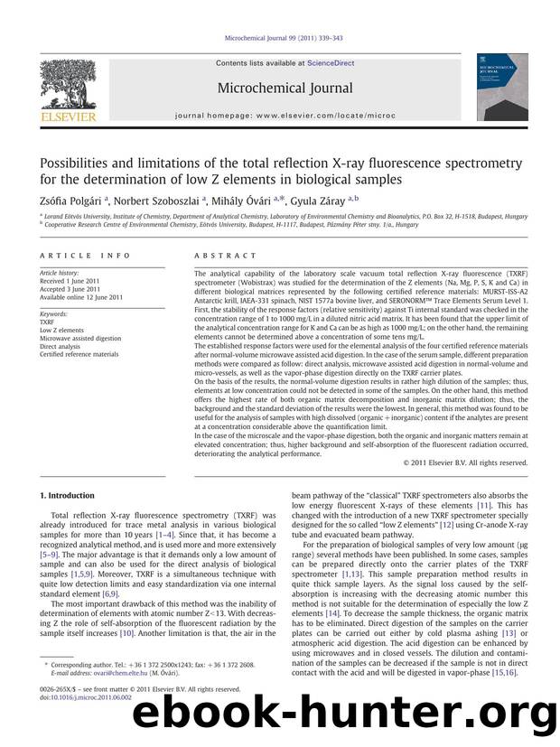 Possibilities and limitations of the total reflection X-ray fluorescence spectrometry for the determination of low Z elements in biological samples by Zsófia Polgári & Norbert Szoboszlai & Mihály Óvári & Gyula Záray
