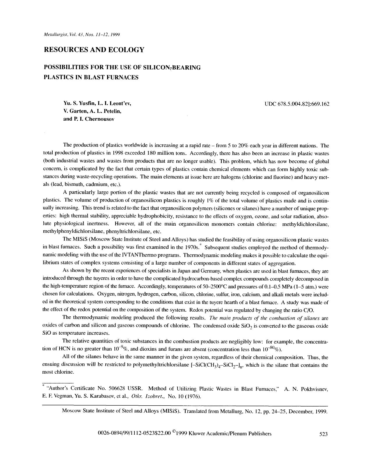 Possibilities for the use of silicon-bearing plastic in blast furnaces by Unknown