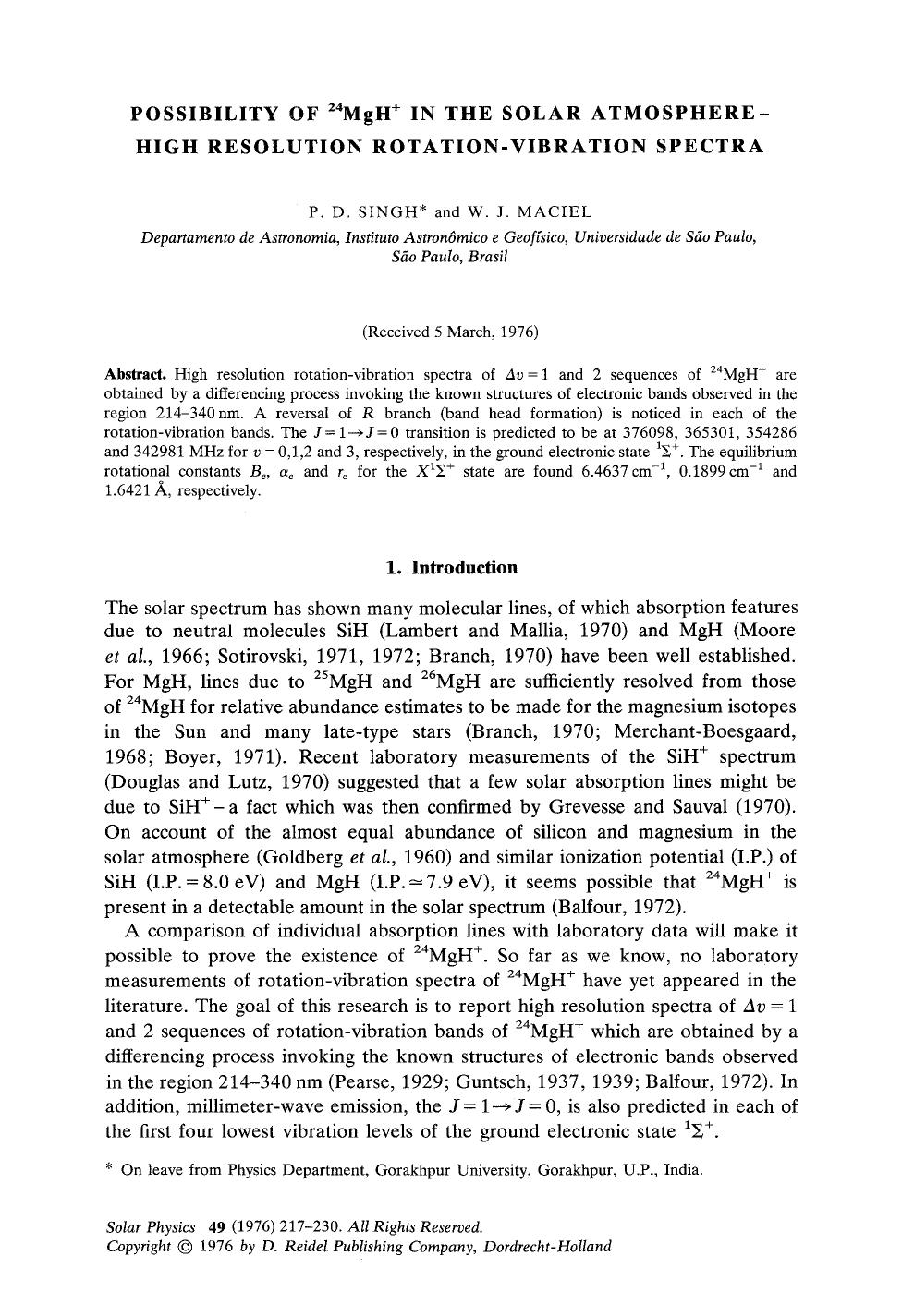 Possibility of <Superscript>24 <Superscript>MgH <Superscript>&#x002B; <Superscript> in the solar atmosphere-high resolution rotation-vibration spectra by Unknown
