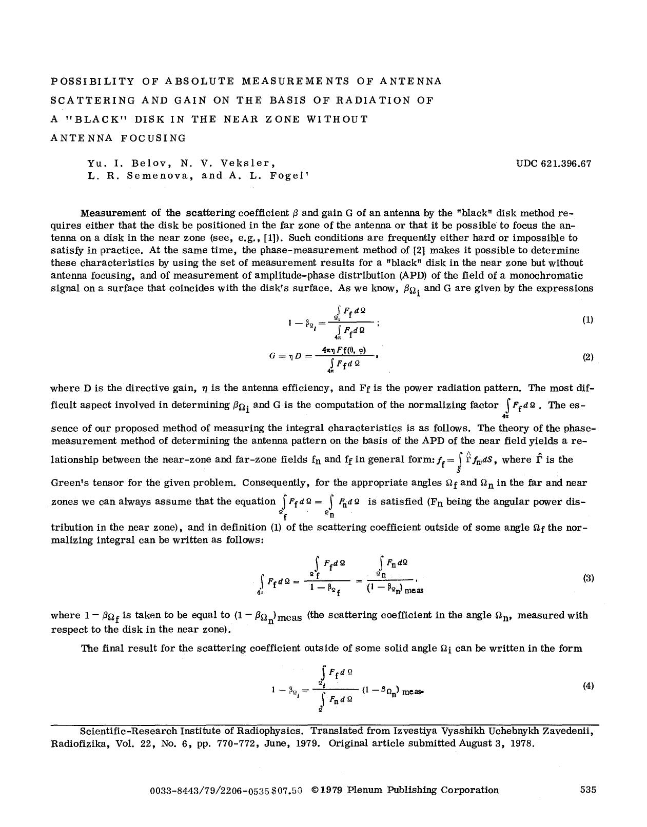 Possibility of absolute measurements of antenna scattering and gain on the basis of radiation of a “black” disk in the near zone without antenna focusing by Unknown