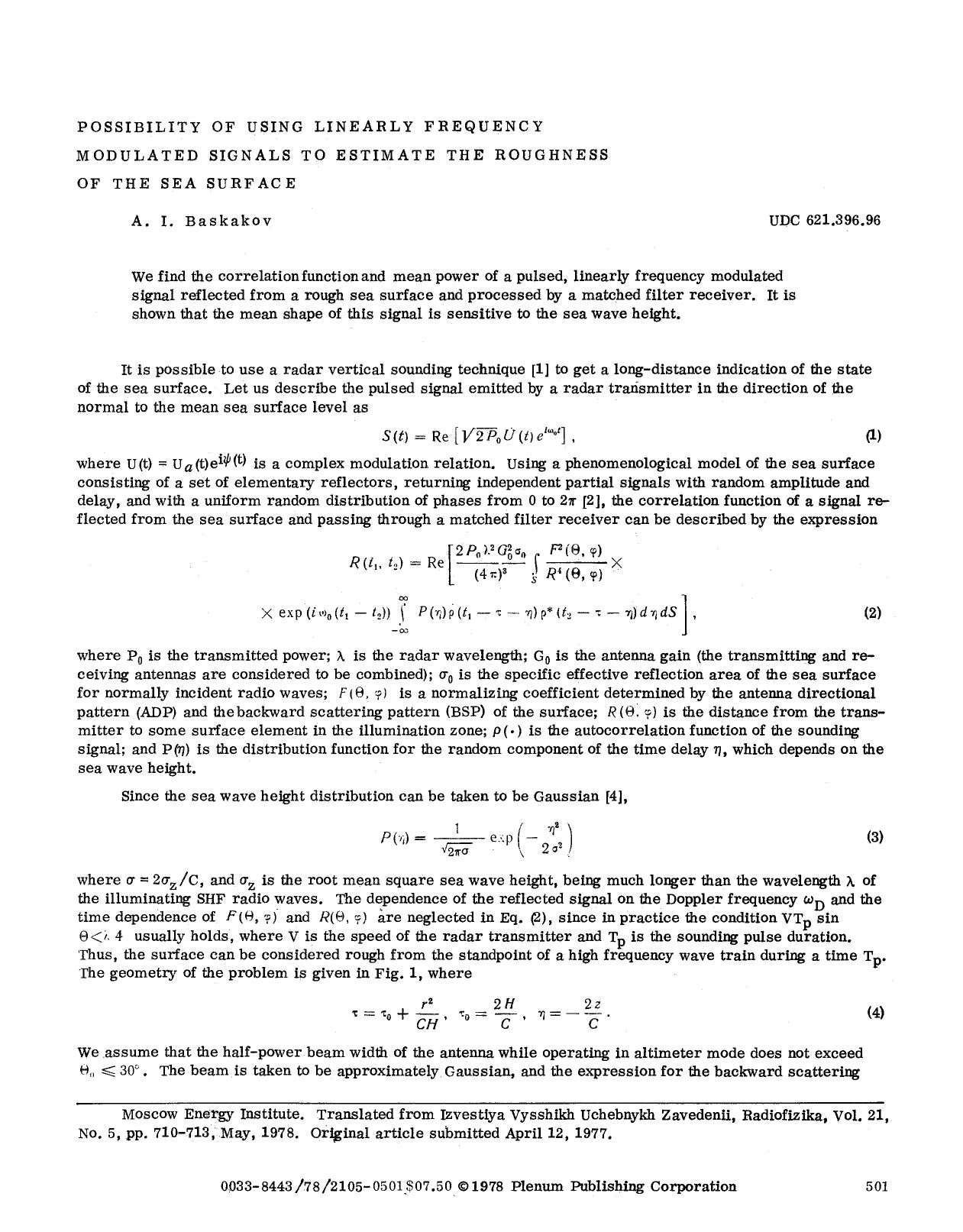 Possibility of using linearly frequency modulated signals to estimate the roughness of the sea surface by Unknown