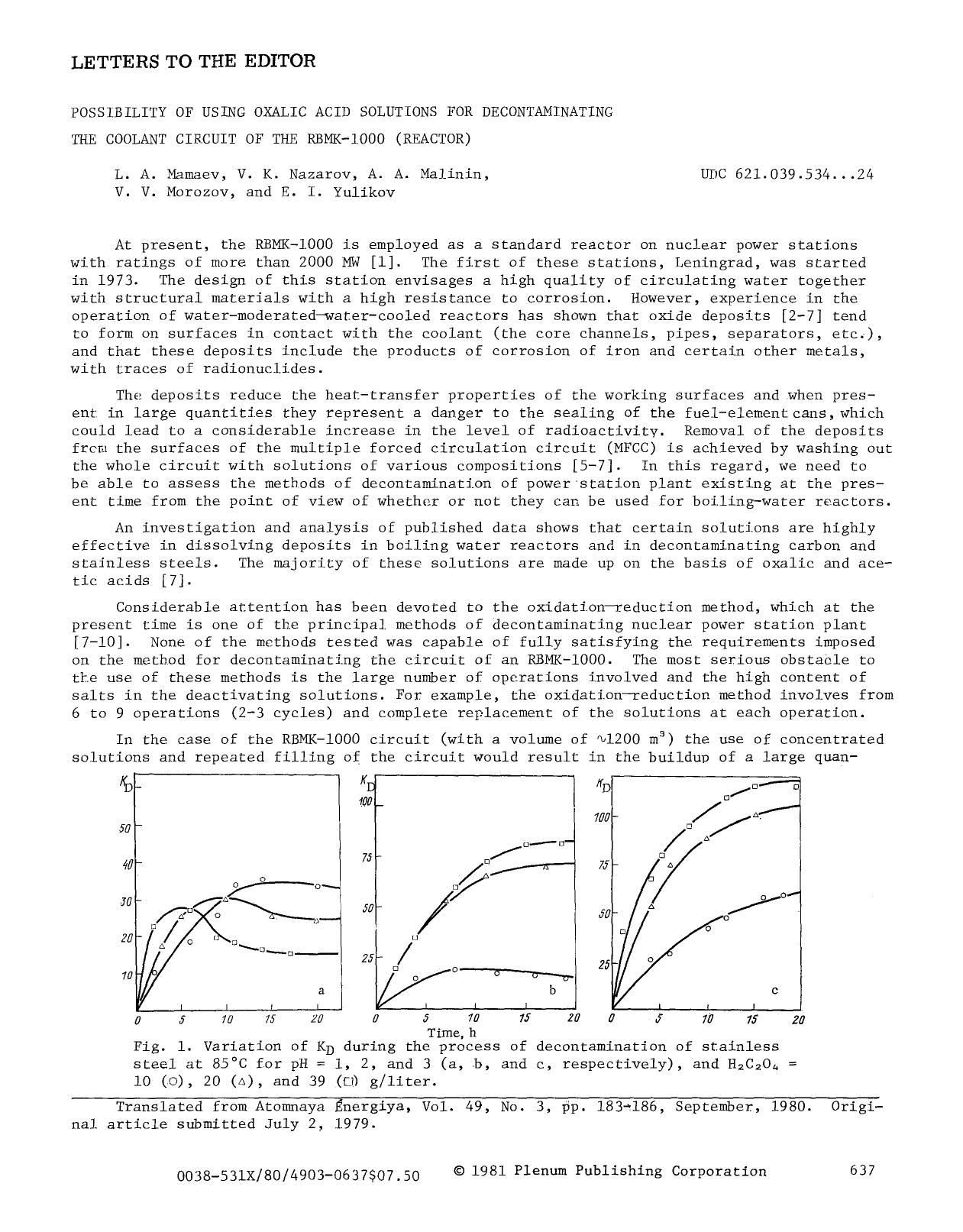 Possibility of using oxalic acid solutions for decontaminating the coolant circuit of the RBMK-1000 (reactor) by Unknown