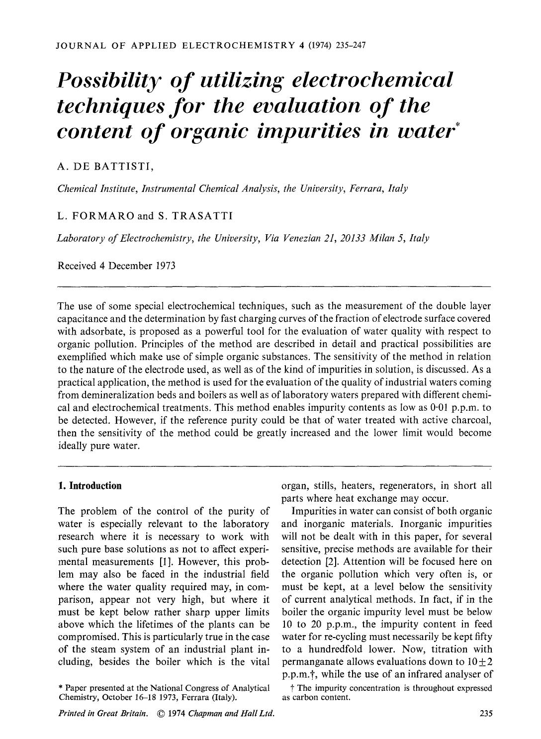 Possibility of utilizing electrochemical techniques for the evaluation of the content of organic impurities in water by Unknown