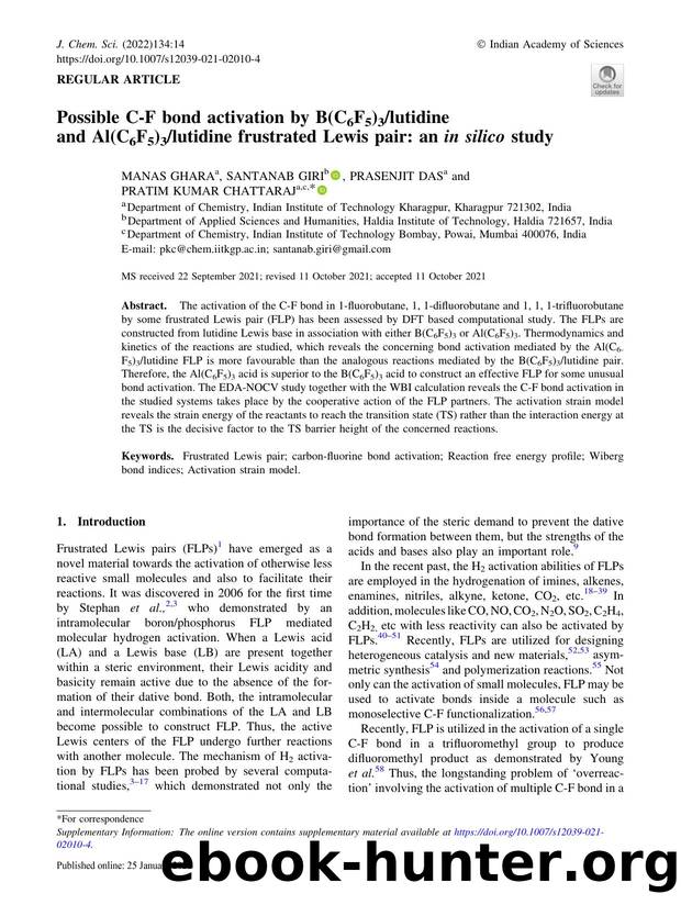 Possible C-F bond activation by B(C6F5)3lutidine and Al(C6F5)3lutidine frustrated Lewis pair: an in silico study by Manas Ghara & Santanab Giri & Prasenjit Das & Pratim Kumar Chattaraj