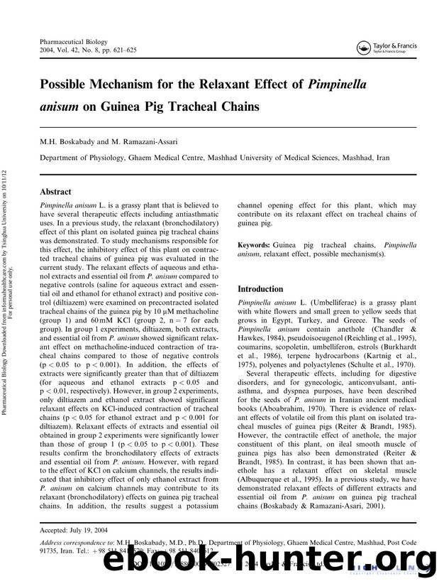 Possible Mechanism for the Relaxant Effect of Pimpinella anisum. on Guinea Pig Tracheal Chains by M.H. Boskabady & M. Ramazani-Assari