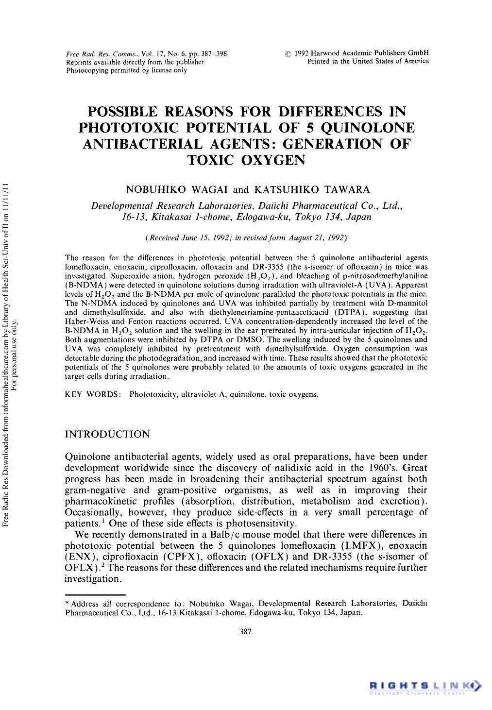 Possible Reasons for Differences in Phototoxic Potential of 5 Quinolone Antibacterial Agents: Generation of Toxic Oxygen by Nobuhiko Wagai1† & Katsuhiko Tawara1