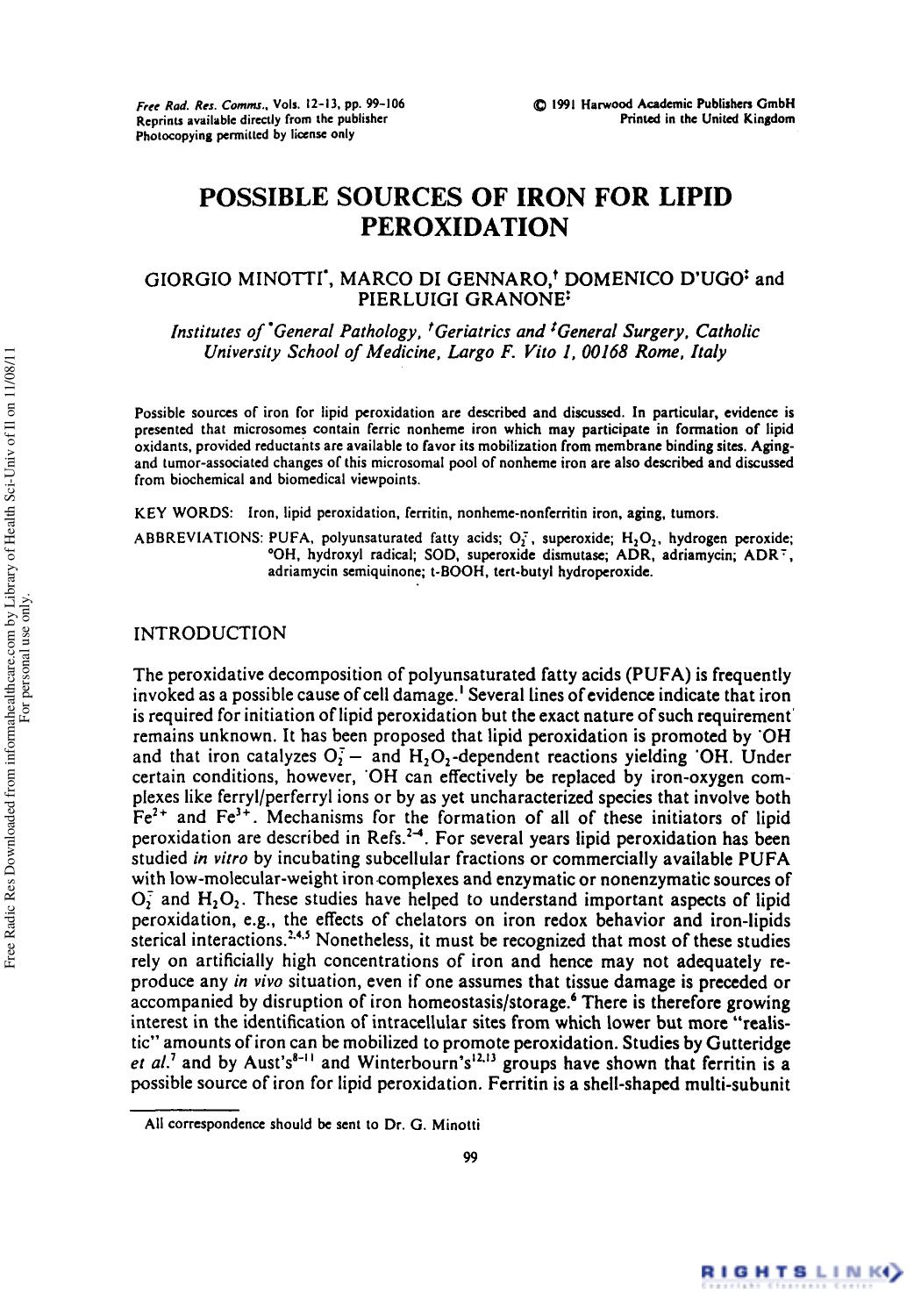 Possible Sources of Iron for Lipid Peroxidation by Giorgio Minotti1 Marco di Gennaro1 Domenico D'ugo1 & Pierluigi Granone1
