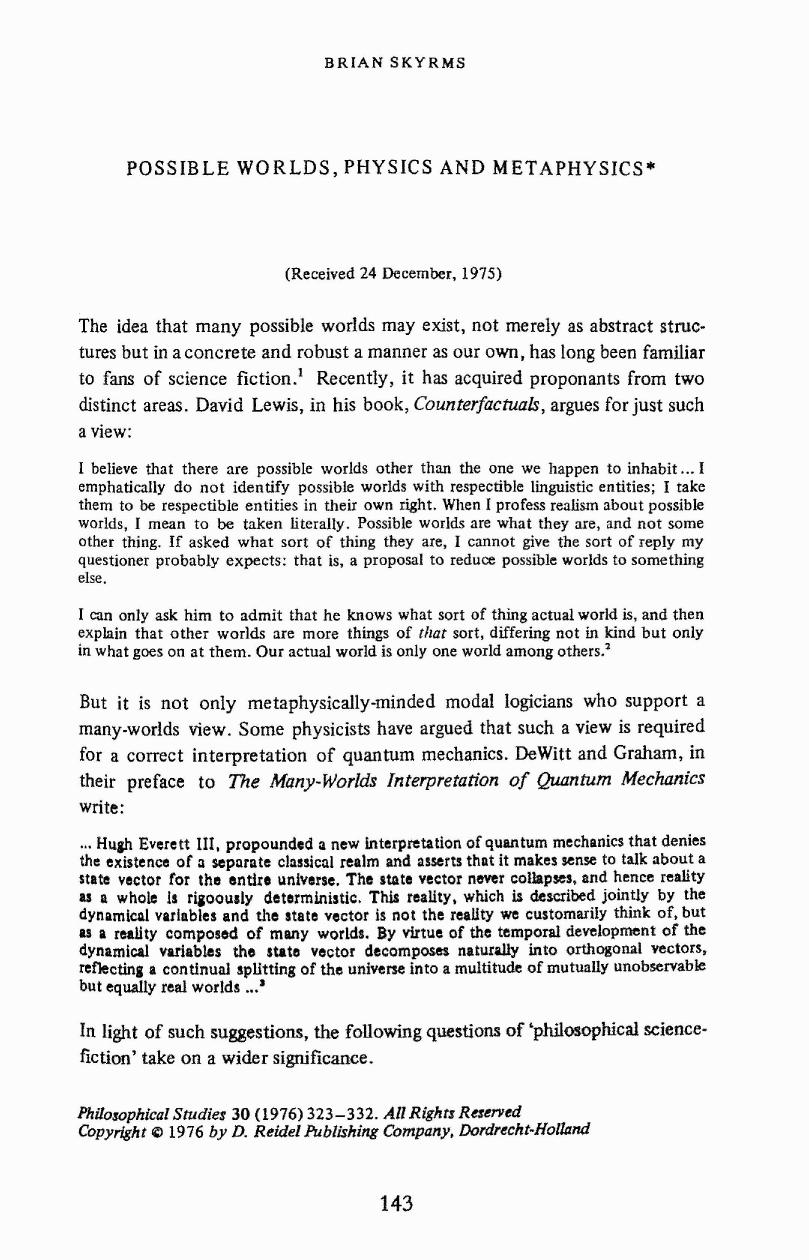 Possible Worlds, Physics and Metaphysics by Brian Skyrms