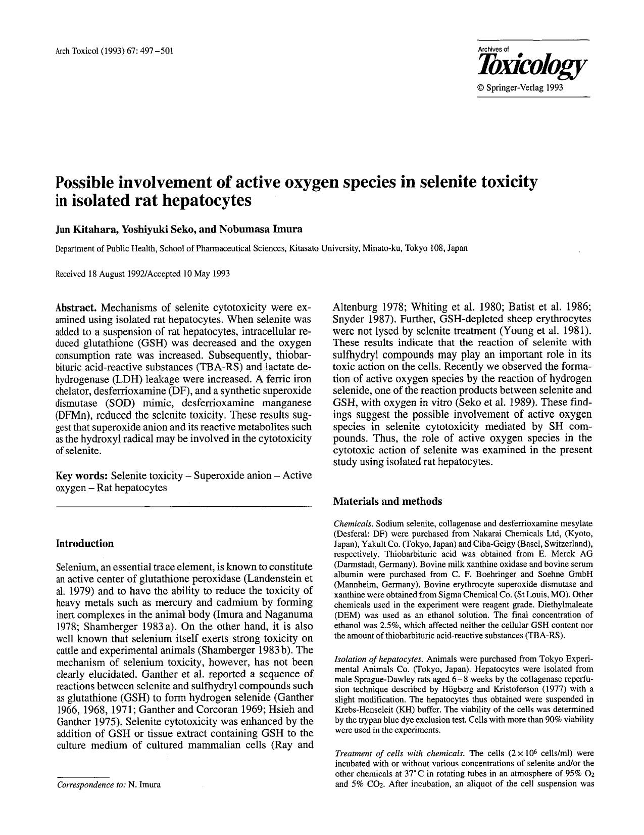 Possible involvement of active oxygen species in selenite toxicity in isolated rat hepatocytes by Unknown