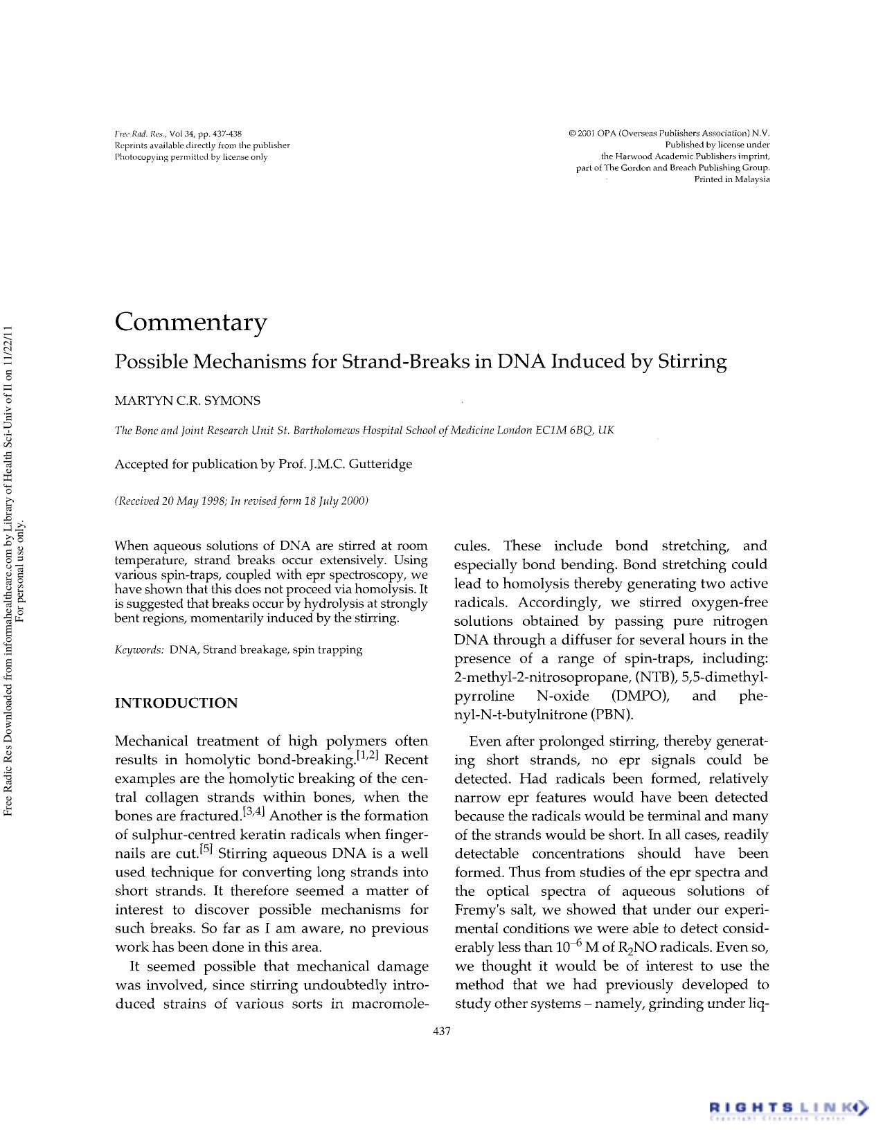 Possible mechanisms for strand-breaks in DNA induced by stirring by Martyn C.R. Symons