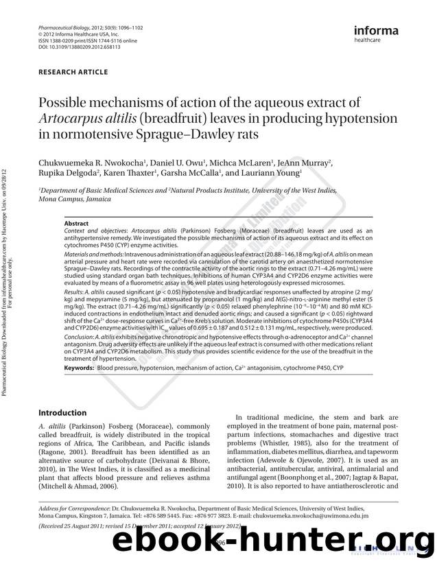 Possible mechanisms of action of the aqueous extract of Artocarpus altilis (breadfruit) leaves in producing hypotension in normotensive SpragueâDawley rats by unknow