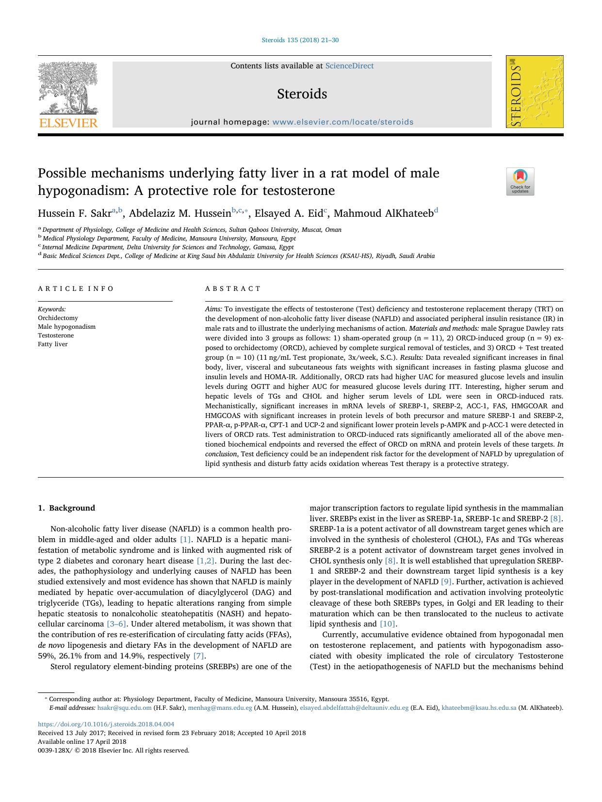 Possible mechanisms underlying fatty liver in a rat model of male hypogonadism_ A protective role for testosterone by Hussein F. Sakr & Abdelaziz M. Hussein & Elsayed A. Eid & Mahmoud AlKhateeb
