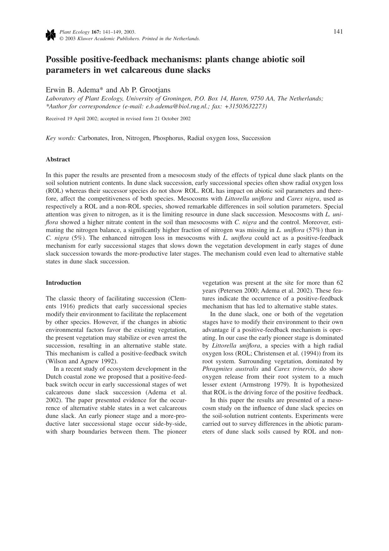 Possible positive-feedback mechanisms: plants change abiotic soil parameters in wet calcareous dune slacks by Unknown
