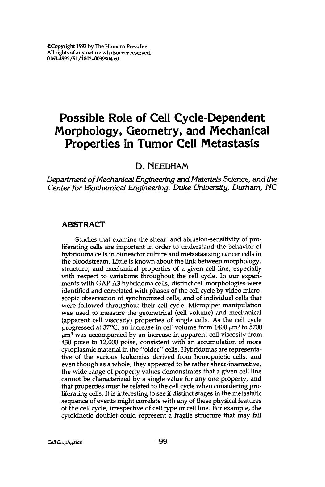 Possible role of cell cycle-dependent morphology, geometry, and mechanical properties in tumor cell metastasis by Unknown