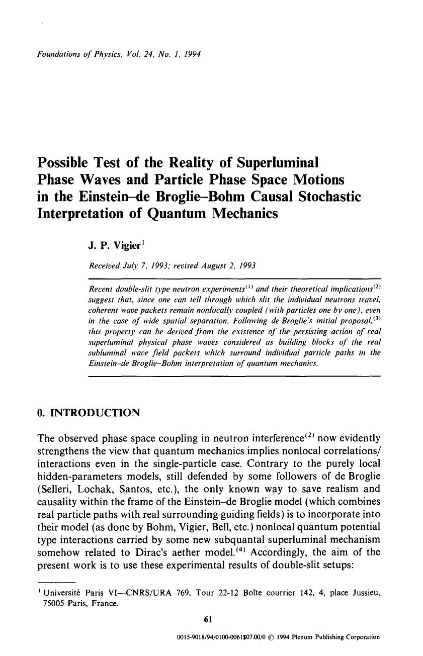 Possible test of the reality of superluminal phase waves and particle phase space motions in the Einstein-de Broglie-Bohm causal stochastic interpretation of quantum mechanics by Unknown