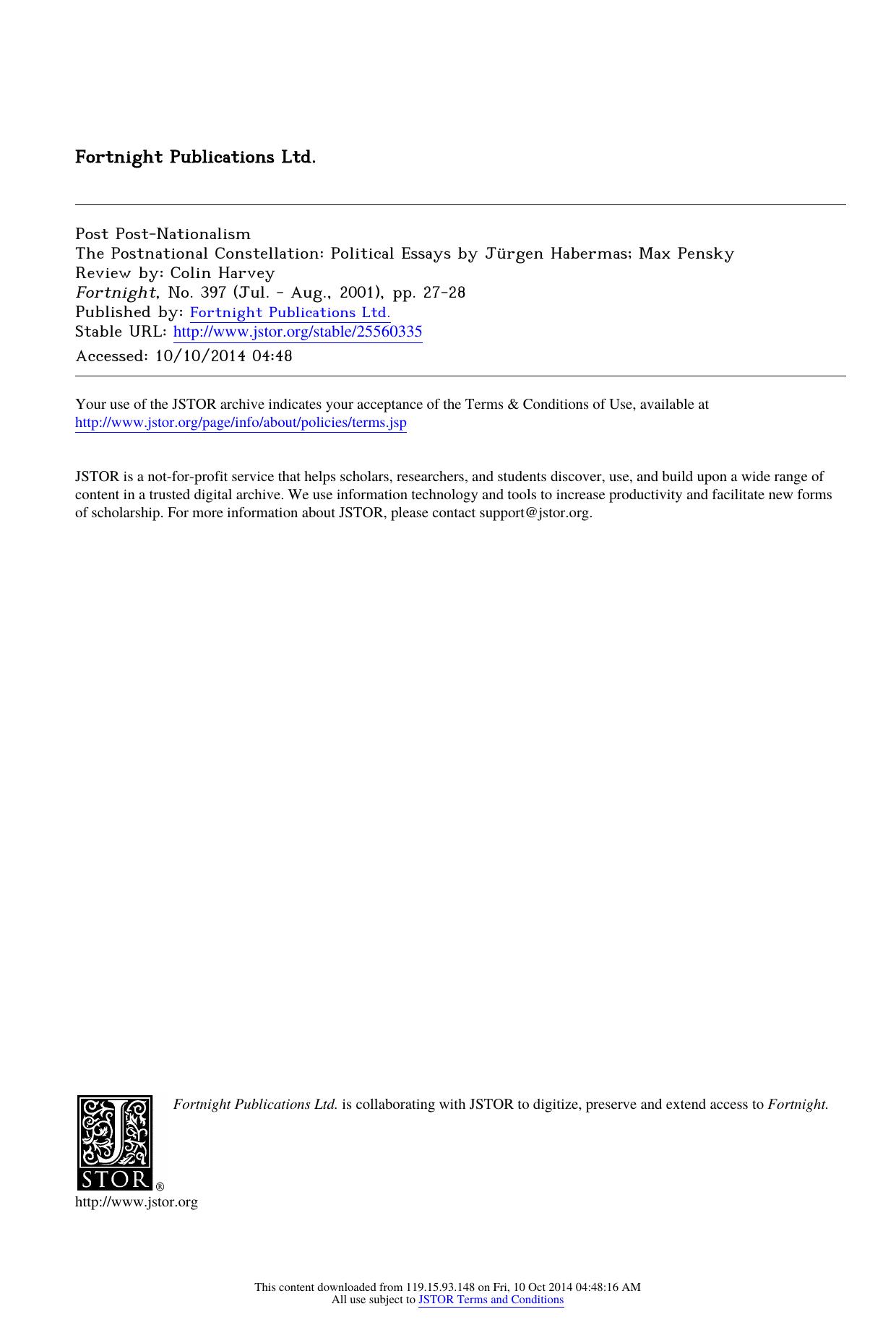 Post Post-Nationalism by The Postnational Constellation Political Essays by Jürgen Habermas; Max Pensky