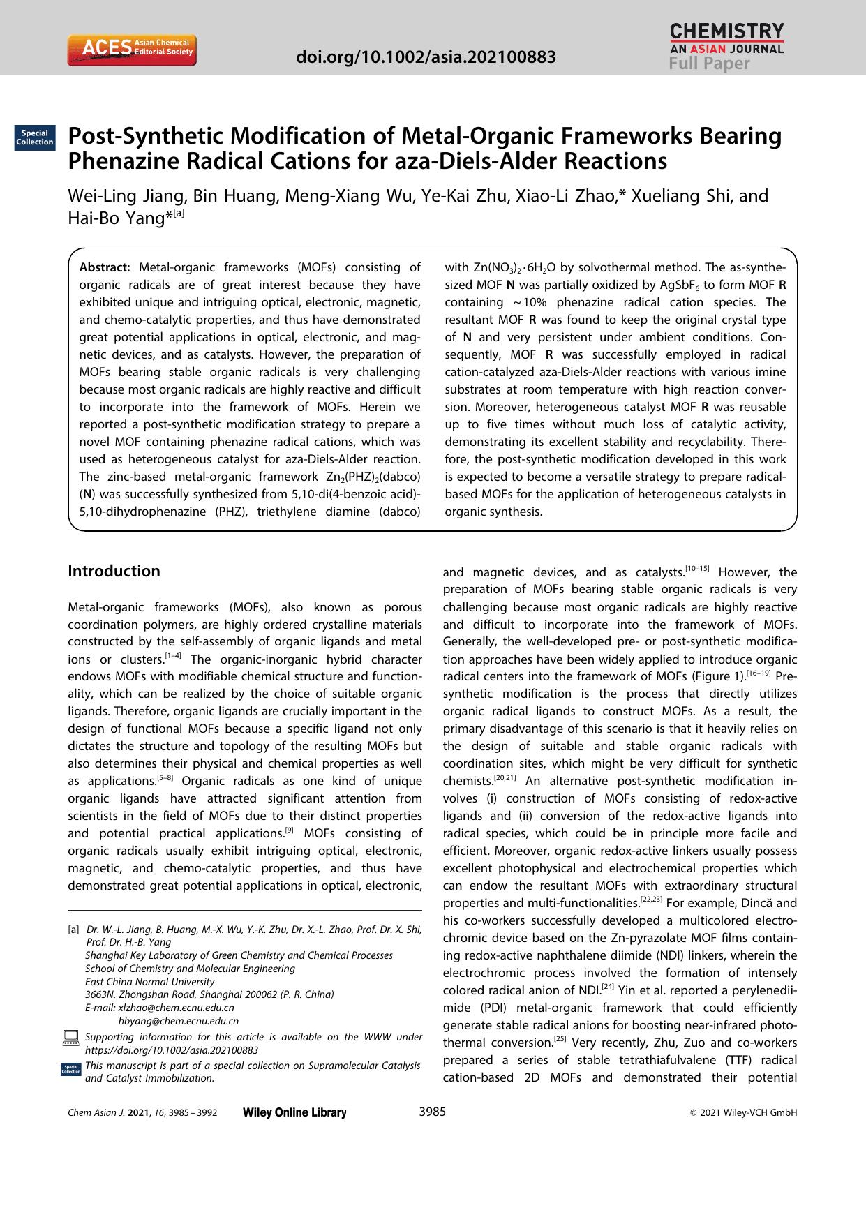PostâSynthetic Modification of MetalâOrganic Frameworks Bearing Phenazine Radical Cations for azaâDielsâAlder Reactions by Unknown