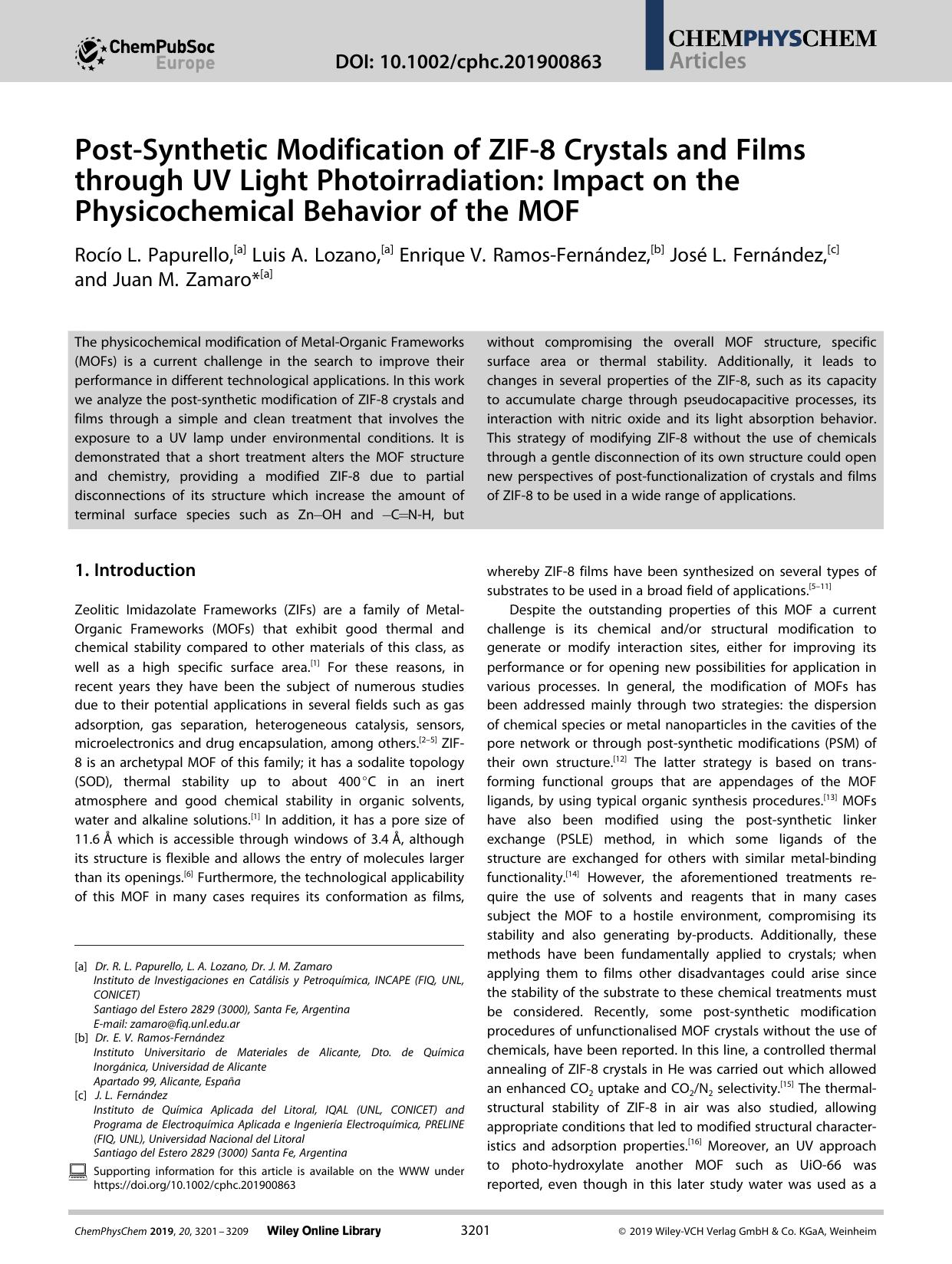 PostâSynthetic Modification of ZIFâ8 Crystals and Films through UV Light Photoirradiation: Impact on the Physicochemical Behavior of the MOF by Unknown