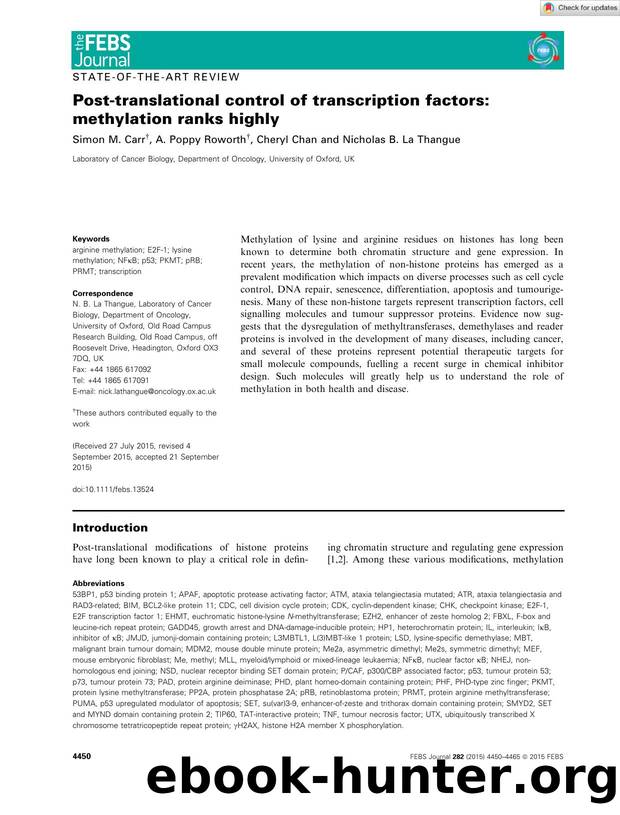 Postâtranslational control of transcription factors: methylation ranks highly by Unknown